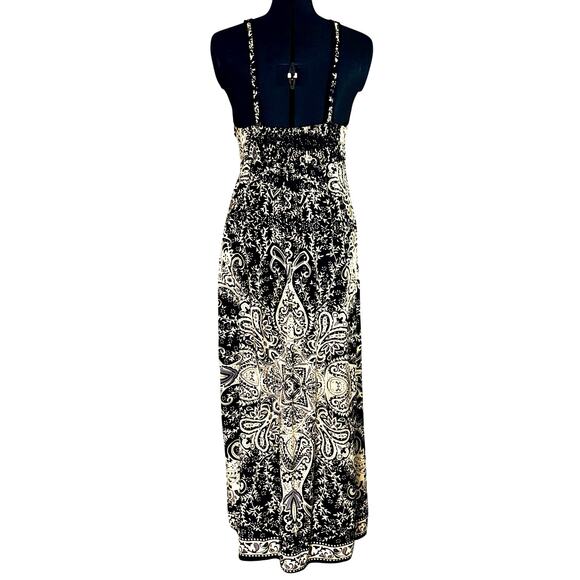 Angie XL Boho Maxi Halter Dress Adjustable Black Cream Paisley Smocked Stretch - Picture 4 of 6